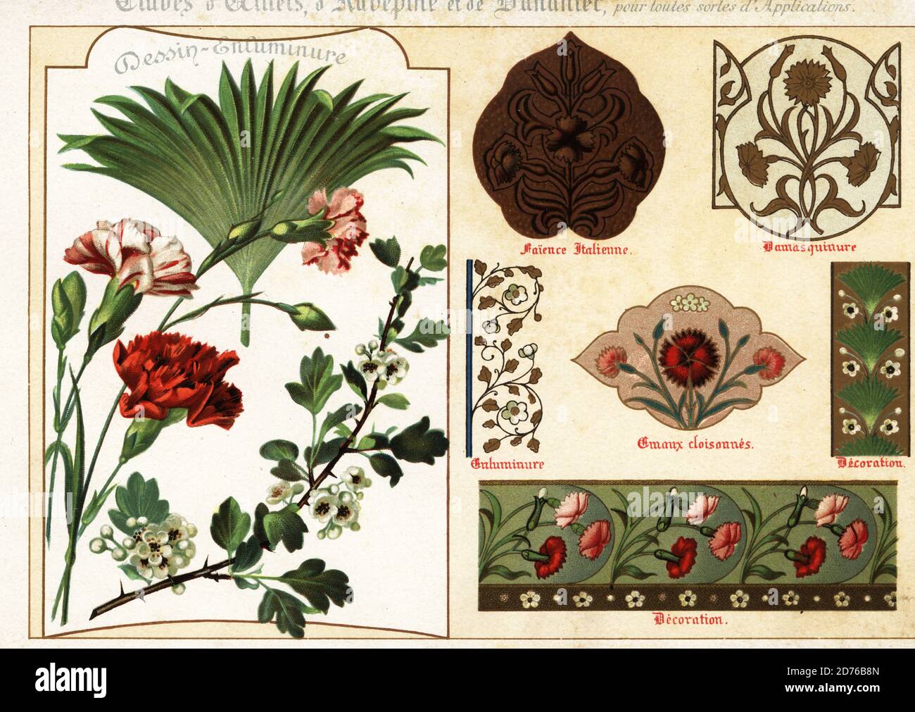 Images of carnations, hawthorn and palm leaves from an illuminated manuscript, and their applications in Italian pottery, cloisonne enamel, damascening, etc. Chromolithograph designed and lithographed by Ernst Guillot from his Flowers After Nature and Ornamental Flowers, Fleurs d`apres Nature et fleurs ornementales, Paris, 1890. Stock Photo